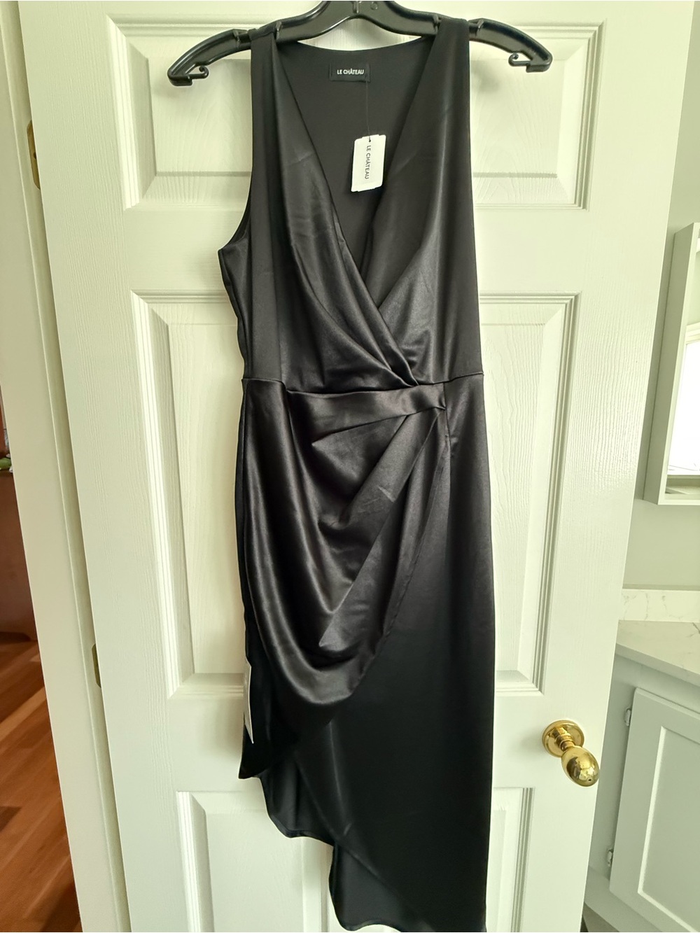 le chateau Black Asymmetrical Satin V-Neck Dress